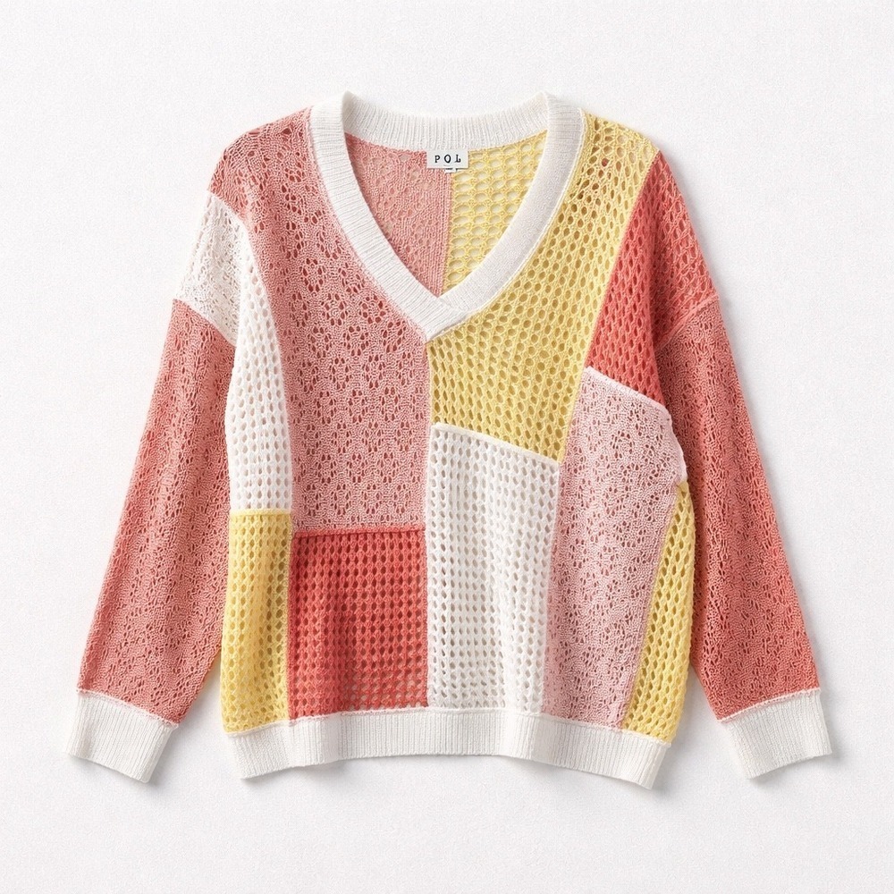 POL Clothing Women Colorblock Patchwork Crochet V-Neck Sweater Pink Yellow M - Picture 2 of 7